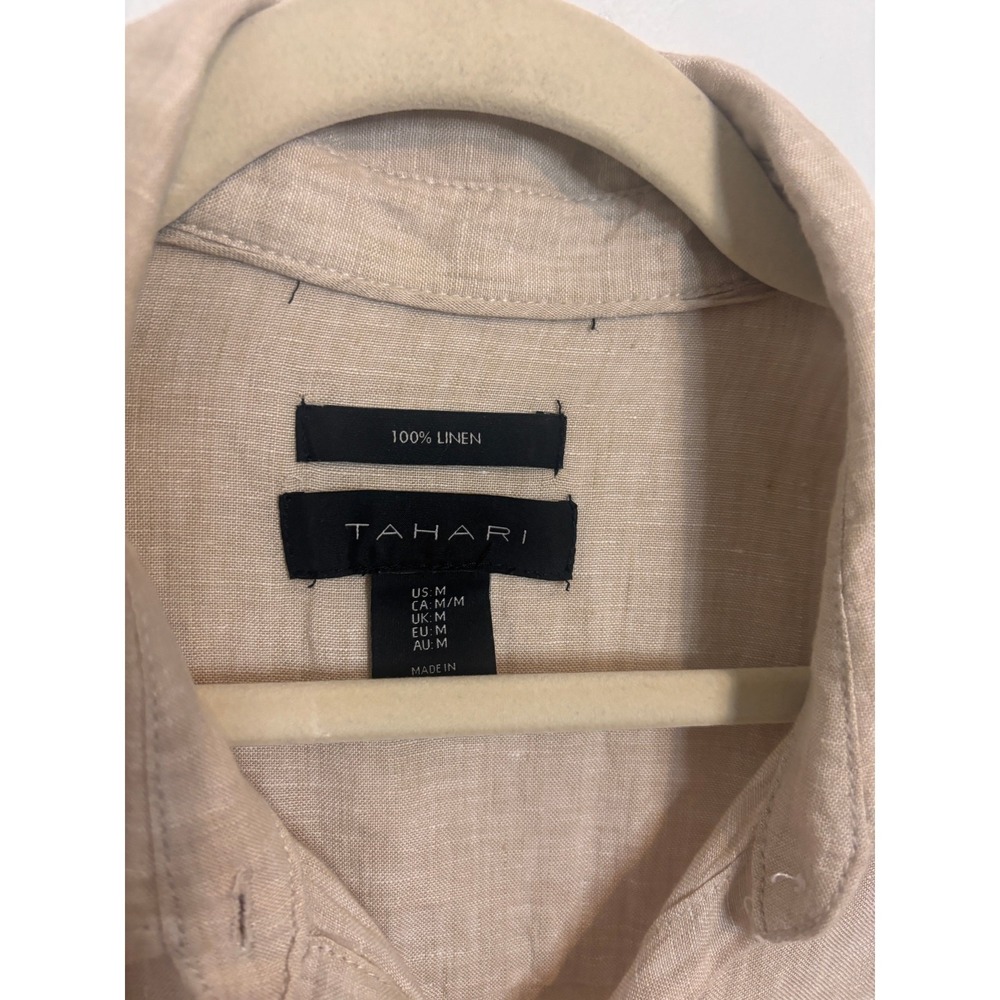 Tahari 100% Linen Long Sleeve Button Front Shirt Tan Tunic Top Size Medium - Picture 5 of 6
